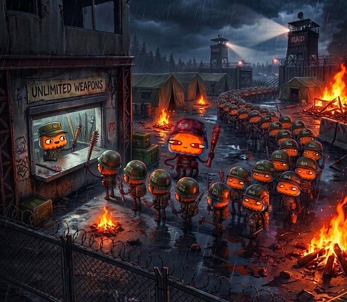 A dramatic digital illustration depicts a nighttime military scene where an orange character labeled '0x88' leads soldiers at an 'UNLIMITED WEAPONS' armory in a rainy, burning encampment guarded by a watchtower labeled 'RAID'.