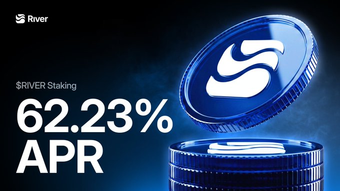 A promotional banner for River ($RIVER) staking, advertising a 62.23% APR alongside a 3D rendering of the blue River coin.