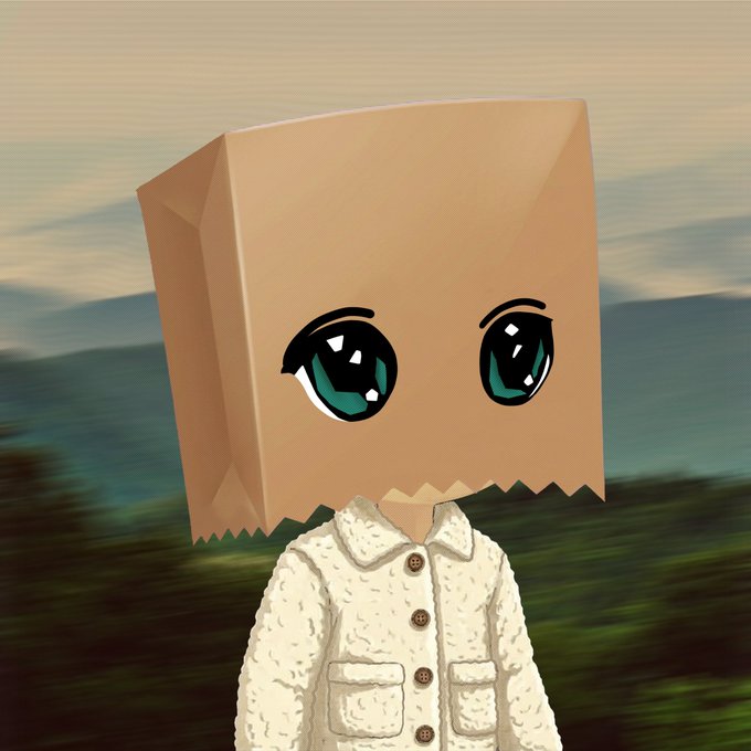 A character wearing a paper bag mask with large anime-style teal eyes stands against a blurred mountain landscape, wearing a cream-colored textured button-up jacket. The whimsical, mysterious figure fits the post's theme of an "Arcilio" NFT mint happening on OpenSea at 4PM UTC.