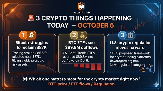 A Satoshi Club infographic titled '3 CRYPTO THINGS HAPPENING TODAY – OCTOBER 6' covering Bitcoin struggling to reclaim $87K, BTC ETFs seeing $89.8M outflows, and U.S. crypto regulation moving forward.