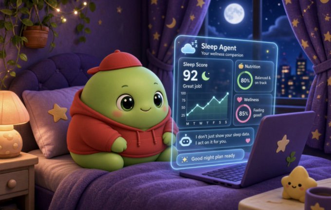A cute green character in a red hoodie sitting on a bed looking at a 'Sleep Agent' wellness companion display showing a sleep score of 92, with a 'Good night plan ready' message.