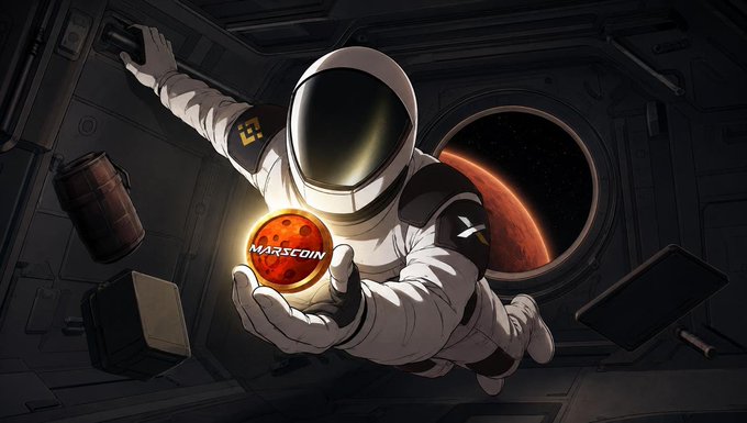 An animated illustration of an astronaut floating inside a spacecraft, holding an orange orb labeled 'MARSCOIN' in front of a porthole showing a red planet.
