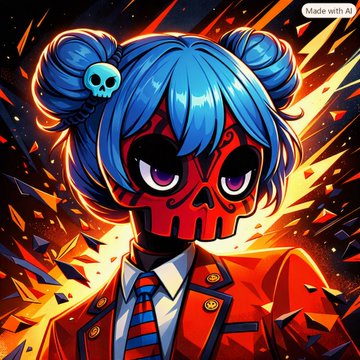 An anime-style digital illustration of a character with a red skull face, blue hair in buns with skull accessories, wearing a red school uniform, with a 'Made with AI' badge in the corner.