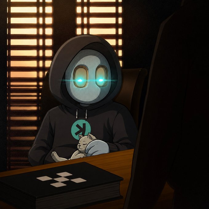A hooded figure with glowing cyan eyes and a robotic mask sits at a desk cradling a sleeping cat, with a thick book displaying a directional arrow symbol in front of them, evoking a mysterious crypto trader's den. The image ties to the post's Bitcoin price prediction and $CATE token giveaway, suggesting the watchful, almost omniscient presence of an anonymous crypto benefactor.