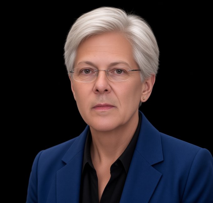 A formal headshot portrait of a woman with short white hair and rimless glasses, wearing a blue blazer over a black shirt, set against a solid black background.