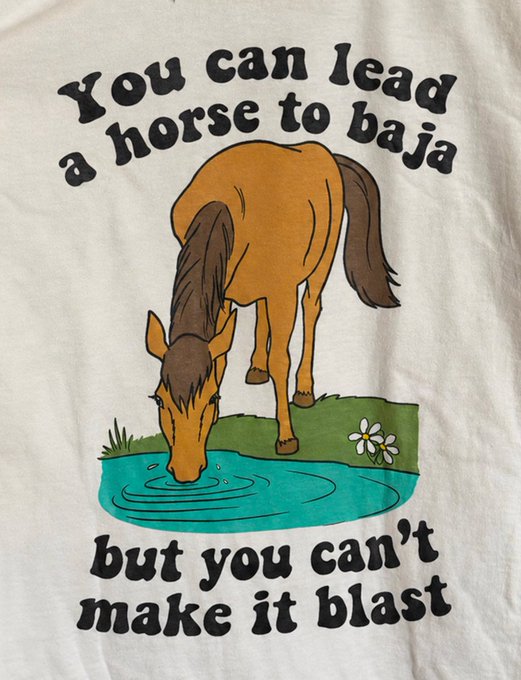 A white t-shirt with a cartoon horse drinking from a pond and the pun text: 'You can lead a horse to baja but you can't make it blast'.