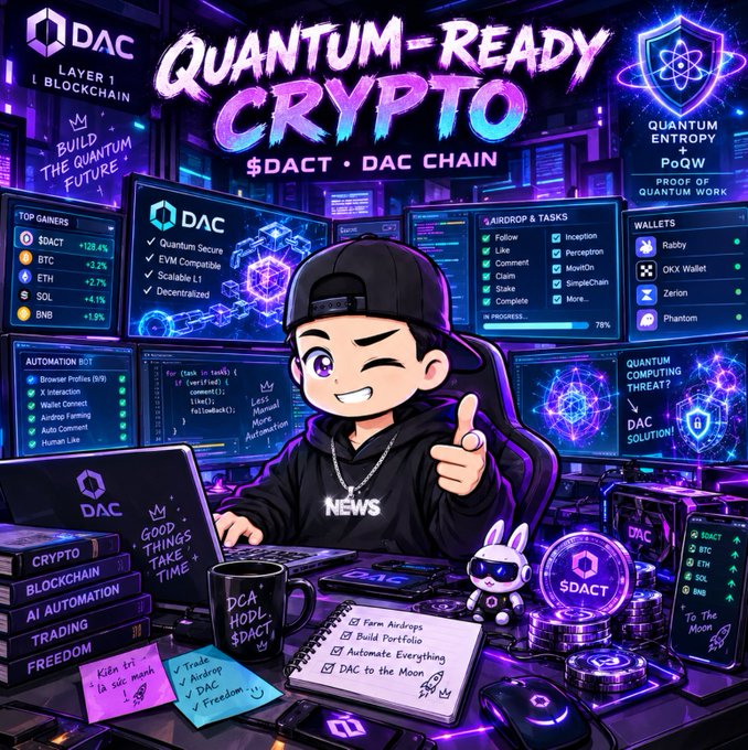 A vibrant digital illustration promoting '$DACT DAC Chain' as a 'Quantum-Ready Crypto' and 'Layer 1 Blockchain,' featuring a cartoon character at a futuristic desk surrounded by screens displaying 'Top Gainers,' 'Automation bot,' and 'Wallets.'