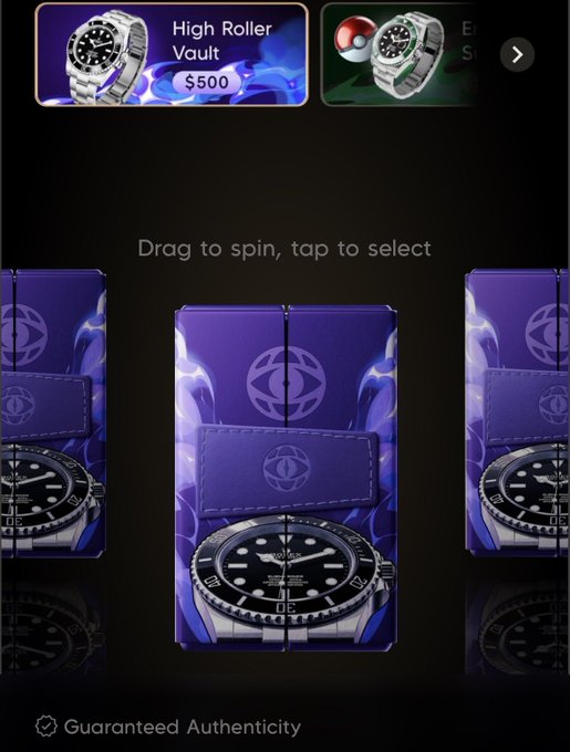 A mobile game-style "Watch Gacha" interface displays luxury watches available in mystery boxes, with a highlighted "$500 High Roller Vault" Rolex and the instruction "Drag to spin, tap to select," accompanying a post teasing the launch of watch-themed gacha boxes where users can gamble on timepieces ranging from a $23K Rolex to a Casio.