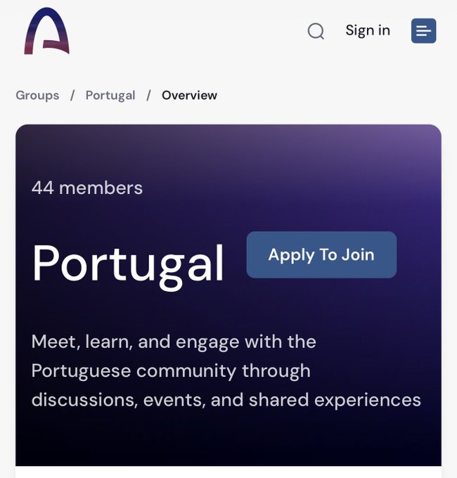 The image shows a community group page for "Portugal" with 44 members and an "Apply To Join" button, indicating an Arc community platform. This relates to the post about planning an Arc event in Portugal in September, as the group would likely serve as a hub for connecting with local builders attending the event.