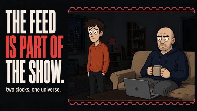 The image is a YouTube-style thumbnail with bold white text reading "THE FEED IS PART OF THE SHOW." and a smaller tagline "two clocks, one universe." on the left, framed by a red border with looping film reel graphics. On the right, a cartoon illustration depicts a nervous young man in an orange shirt standing next to a bald, stoic cartoon version of Brian Armstrong (Coinbase CEO) sitting on a couch with a coffee mug and a laptop. The caption ties to the post by showcasing how the @ptsdshow YouTube channel transformed Robinhood's competitive "super perps" jab at Coinbase into a satirical cartoon sketch featuring an unflattering caricature of Armstrong.