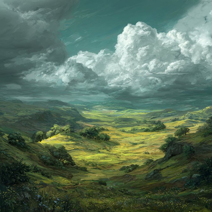 A painted landscape depicting green rolling hills and valleys under a dramatic sky filled with large white clouds.