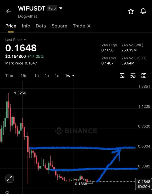 The image shows a Binance perpetual futures chart for WIF/USDT (Dogwifhat) trading at $0.1648, up 17.05%, with a weekly timeframe and hand-drawn blue annotations highlighting a potential reversal range between $0.1368 and $0.1648 that could trigger an upward move toward the $0.3389–$0.6004 resistance zone. The annotations visually confirm the analysis that WIF is consolidating in the 0.1–0.17 range with upside targets projected at 0.4–0.6.