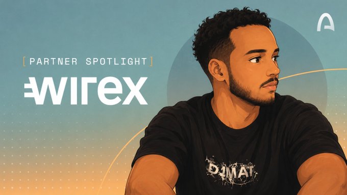 An illustrated 'PARTNER SPOTLIGHT' banner for 'Wirex' featuring a portrait of a man in a black t-shirt against a warm gradient background.