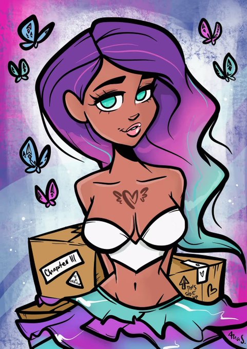 Colorful digital illustration of a stylized anime girl with long purple and teal hair, wearing a white top, surrounded by butterflies and cardboard boxes labeled 'Chapter III' and 'This side up'.