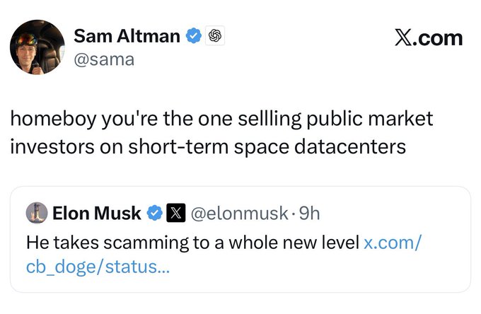 A screenshot of an X post by Sam Altman (@sama) replying to Elon Musk (@elonmusk), with Altman's tweet reading "homeboy you're the one selling public market investors on short-term space datacenters." The exchange, captioned "Doge shitcoin promoter vs Worldcoin shitcoin promoter!!," highlights the ongoing public feud between the two tech moguls on the platform.