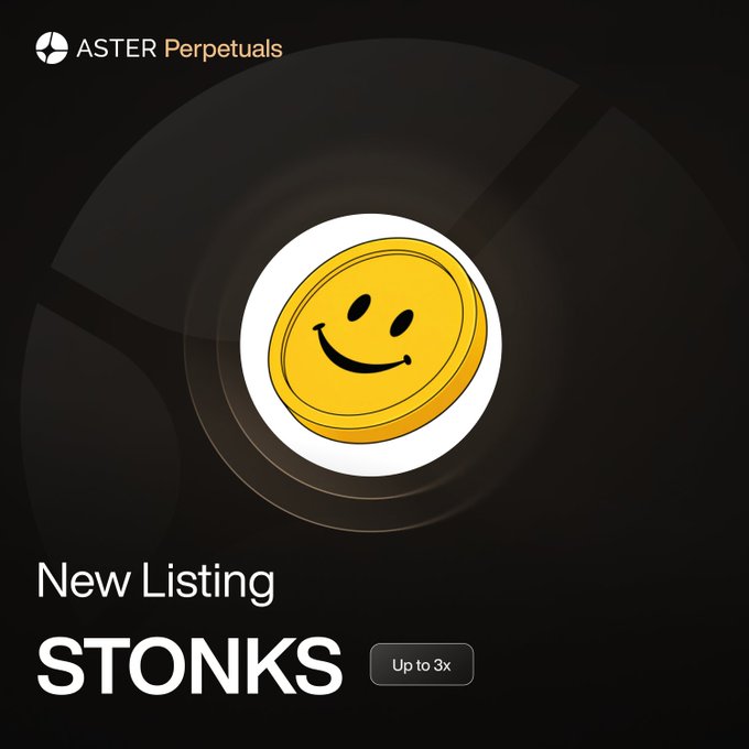 A promotional graphic from Aster Perpetuals announcing the new listing of $STONKS with up to 3x leverage, featuring a smiling yellow coin token against a black background.