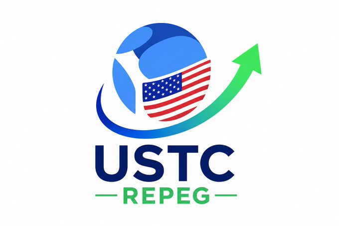 A logo featuring a blue sphere adorned with an American flag and encircled by an upward-pointing green arrow, with the text "USTC" in dark blue and "REPEG" in green displayed below. The upward arrow visually reinforces the post's message about the unrealized upside catalyst of a $USTC repeg for $LUNC holders.
