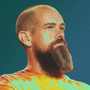 The image shows a man with a shaved head and long, full beard wearing an orange and yellow tie-dye shirt against a teal background. The accompanying post about Jack Dorsey's Spiral expanding into AI through Goose's developers does not clearly connect to this individual, as no identifying text, logos, or names are visible to confirm the person's identity in relation to the news.