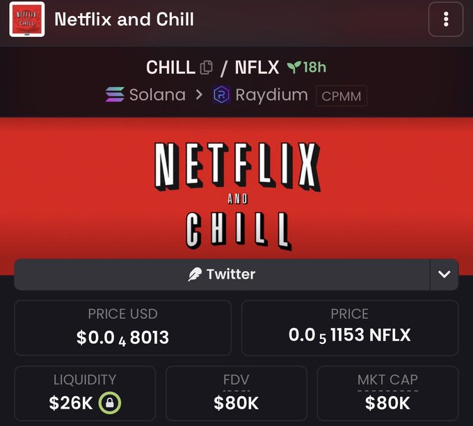 Cryptocurrency trading interface showing 'Netflix and Chill' (CHILL/NFLX) token on Solana/Raydium with price $0.048013, 0.01153 NFLX, $26K liquidity, and $80K FDV/MKT CAP.