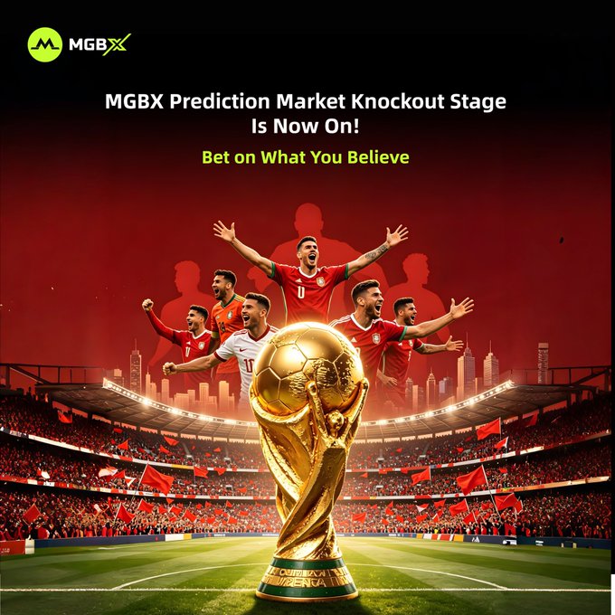 The MGBX promotional image features a golden World Cup trophy centered on a stadium pitch, with celebrating soccer players and a crowd of fans waving red flags in the background. Bold text announces "MGBX Prediction Market Knockout Stage Is Now On! Bet on What You Believe," directly tying the visual to the post's call-to-action for users to predict knockout stage outcomes at mgbx.com/activity/world.