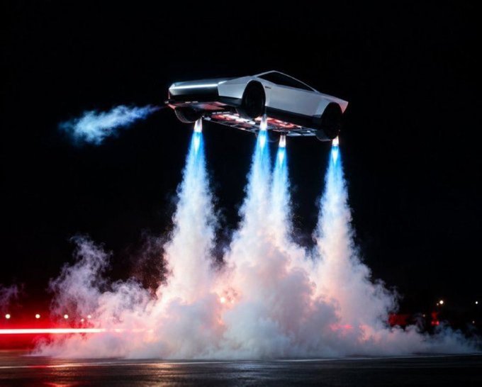 A dramatic night photograph of a Tesla Cybertruck performing a hover/rocket demonstration, propelled upward by four bright blue jet thrusters creating billowing clouds of smoke against a dark background.