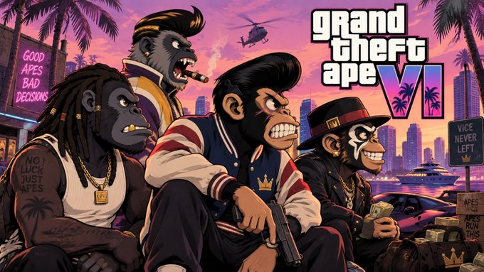 A promotional parody poster titled 'grand theft ape VI' featuring stylized ape characters in gangster attire against a vibrant sunset cityscape.