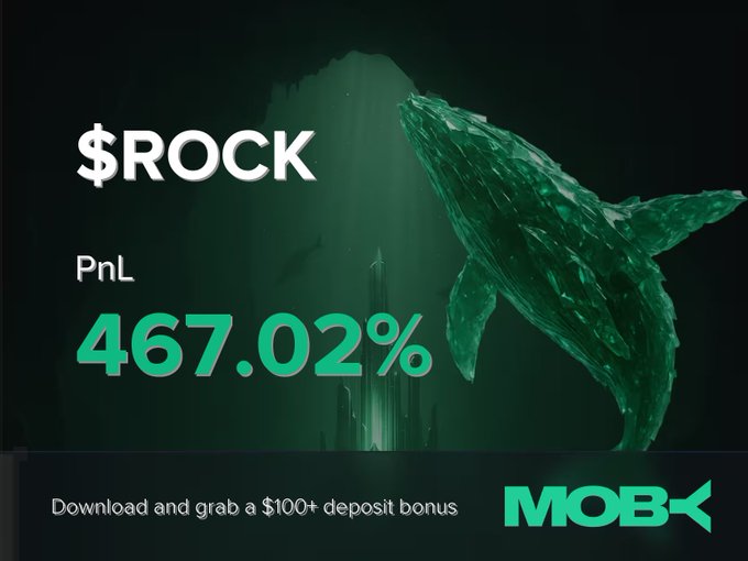 A promotional graphic for Moby displaying a dramatic underwater scene featuring a crystalline green whale breaching beneath shafts of light, with bold text reading "$ROCK" and "PnL 467.02%" alongside a "$100+ deposit bonus" offer and the Moby logo at the bottom. The image visualizes the whale-style gains highlighted in the post, emphasizing the massive +467.02% profit on the $ROCK position while reinforcing Moby's branding.