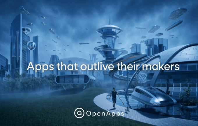 A futuristic cityscape with floating structures and advanced architecture serves as the backdrop for the text "Apps that outlive their makers" and "@OpenApps," visually reinforcing the post's announcement of Poof's rebranding to OpenApps and its vision for autonomously run, collectively owned applications.