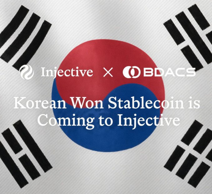 A promotional graphic reads “Injective × BDACS” and “Korean Won Stablecoin is Coming to Injective,” over a South Korean flag design.