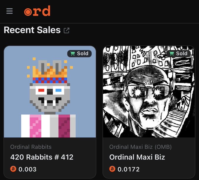 Screenshot from the Ord marketplace showing Recent Sales: Ordinal Rabbits "420 Rabbits # 412" sold for 0.003 BTC and Ordinal Maxi Biz sold for 0.0172 BTC
