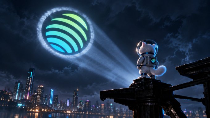 A 3D rendered illustration of a cat astronaut on a rooftop looking up at a glowing green-striped sphere in the sky above a nighttime city skyline.