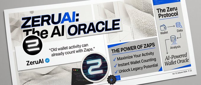 A promotional graphic for ZeruAI promoting it as "The AI ORACLE" and "The Zeru Protocol" with a tweet stating "Old wallet activity can already count with Zaps" and highlighting features of "The Power of Zaps."