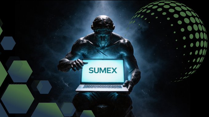 The image features a man sitting down while holding a laptop computer. The background of the image has a dark blue color, which contrasts with the white letters spelling out "SUMEX" written on the screen of the laptop. The text also mentions that Sumex is a company that provides DeFi solutions and makes DeFi easier for users by offering multi chain swaps, smart routing, multi send, and transaction history features.