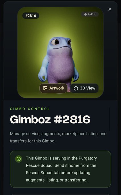 An interface displaying 'Gimboz #2816' (Gimbo Control), a blue and purple 3D creature, with a notice that it is serving in the Purgatory Rescue Squad.