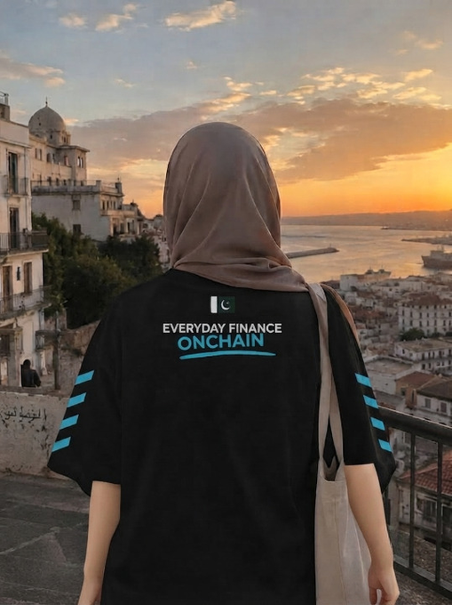 A person wearing a hijab and a black shirt with 'EVERYDAY FINANCE ONCHAIN' printed on it, overlooking a coastal town at sunset.