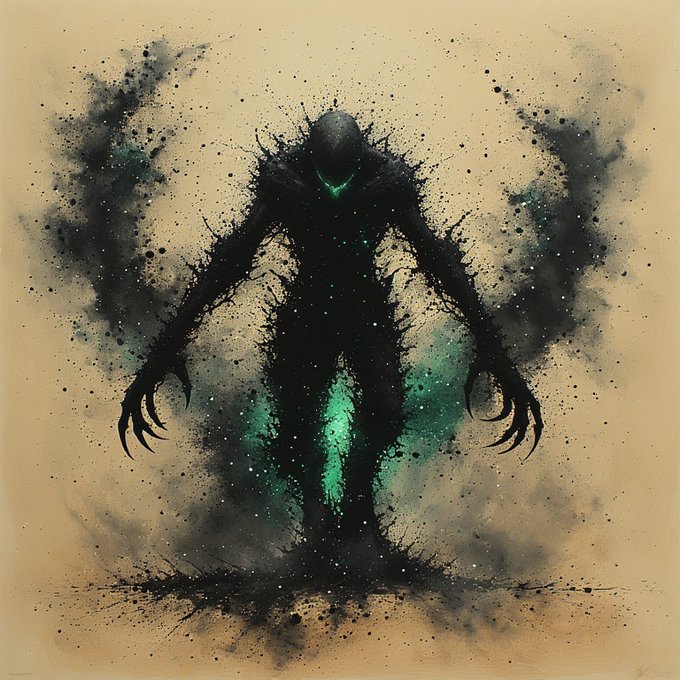 A dark, atmospheric ink-splatter style artwork depicting a menacing shadowy humanoid figure with glowing green accents and elongated claw-like hands against a beige background.