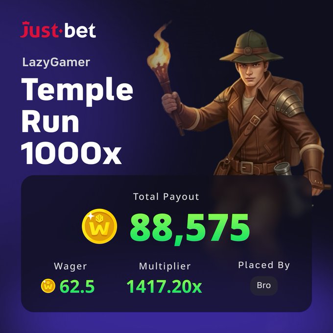 A Just.bet promotional graphic for the LazyGamer Temple Run 1000x slot game, showing a Total Payout of 88,575, a wager of 62.5, a multiplier of 1417.20x, placed by user 'Bro,' alongside an illustration of an explorer character holding a torch.
