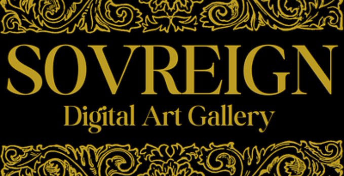 An elegant black and gold logo banner for "SOVREIGN Digital Art Gallery" with ornate decorative borders.