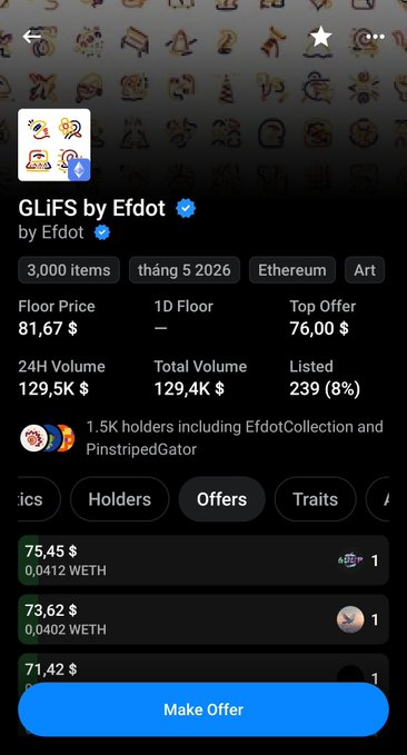 The image shows a cell phone screen with a list of items, including a price for each item. The text on the screen reads "Glifs by Edot" and "Edot", which are likely the names of the app creators or developers behind the mobile application. The phone's display also includes a message that says "Make offer". This suggests that the user might be interested in purchasing one of the items listed, possibly for their home or office.