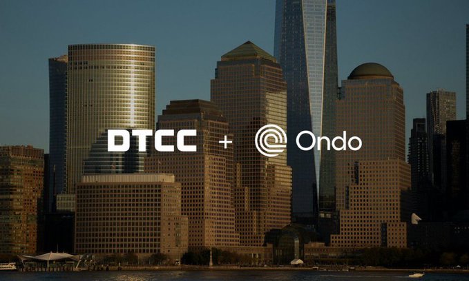 A promotional graphic featuring the logos 'DTCC + Ondo' overlaid on a cityscape image of skyscrapers along a waterfront at dusk.