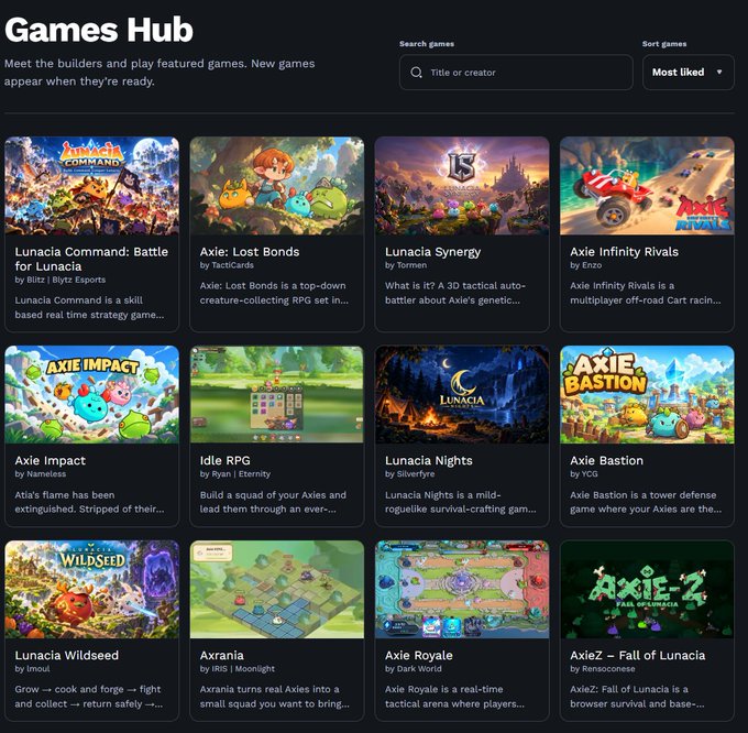 A 'Games Hub' webpage displaying various blockchain games including 'Lunacia Command: Battle for Lunacia,' 'Axie: Lost Bonds,' 'Lunacia Synergy,' 'Axie Infinity Rivals,' 'Axie Impact,' 'Idle RPG,' 'Lunacia Nights,' 'Axie Bastion,' 'Lunacia Wildseed,' 'Axrania,' 'Axie Royale,' and 'AxieZ – Fall of Lunacia.'