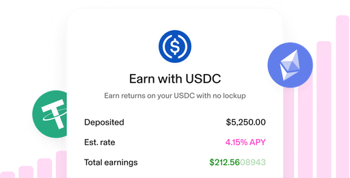 The image displays a "Earn with USDC" interface showing a $5,250.00 deposit earning 4.15% APY with $212.56 in total earnings, flanked by Tether (USDT) and Ethereum (ETH) logos, illustrating a DeFi yield-earning platform integrated with major cryptocurrencies and stablecoins—reflecting how protocols like Morpho expand across both centralized exchanges and DeFi ecosystems like Uniswap as mentioned in the post.
