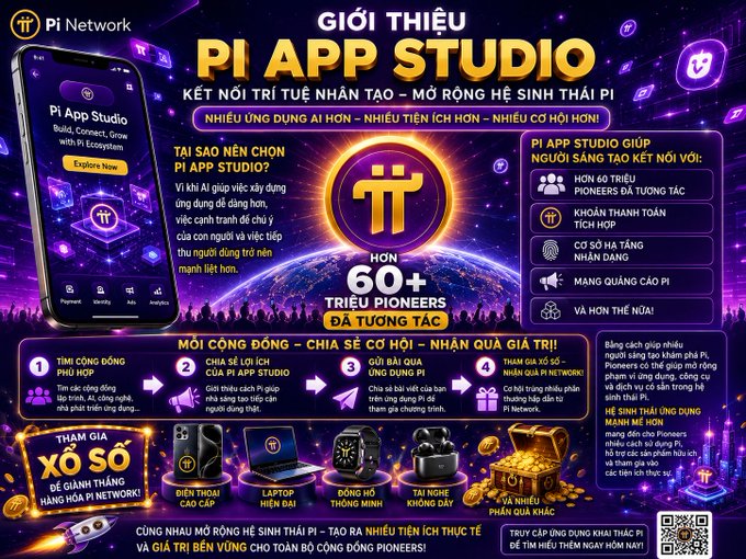 The image features a poster for an app called Pi App Studio that has been created by Pi Network. The poster highlights the benefits of using Pi App Studio for app development, such as attracting more AI apps to join the ecosystem and making app creation easier with the help of AI. The poster also includes a cell phone displaying the app's logo and contact information.