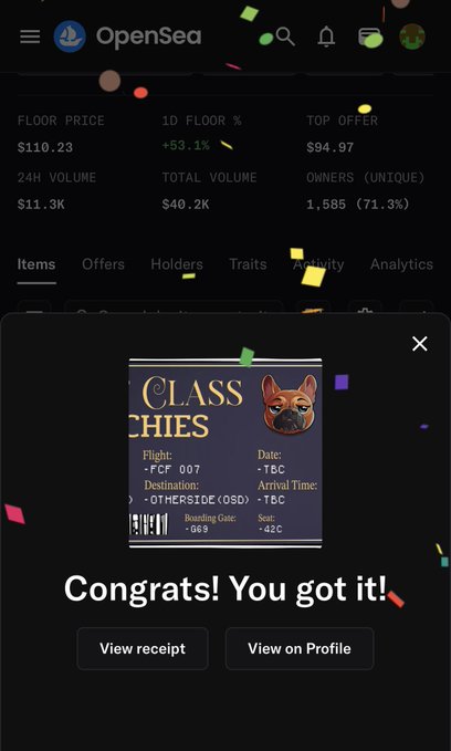 An OpenSea mobile screen celebrating an NFT purchase with the message 'Congrats! You got it!' for a 'Frenchies' collection item, showing floor price $110.23 and 1D floor +53.1%.