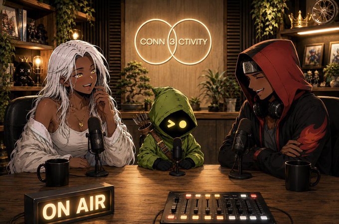An anime-style illustration depicts a podcast studio scene with a white-haired woman, a small green hooded robot, and a red-hooded ninja character sitting around a table with microphones; an 'ON AIR' sign glows in the foreground and a 'CONN3CTIVITY' logo is displayed on the wall behind them.