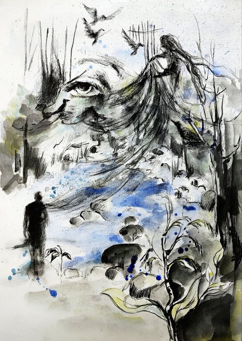 A mixed-media ink and watercolor artwork combining a large, abstract face with a figure walking among stylized plants and birds, splattered with blue paint.