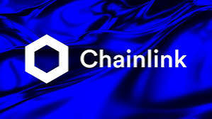 Chainlink logo displayed as a white hexagonal icon next to the word 'Chainlink' on a draped, shiny blue fabric background.
