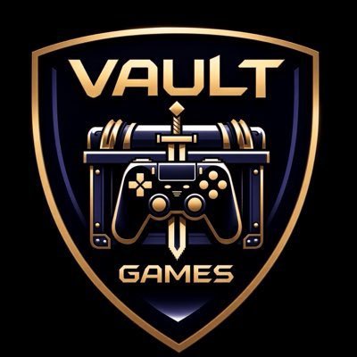 A logo for 'VAULT GAMES' featuring a golden shield emblem with a game controller, treasure chest, and sword against a black background.