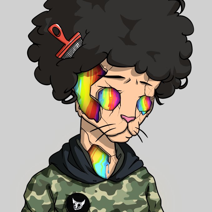 A stylized cartoon character with rainbow-colored, cracked facial markings and a comb stuck in their curly afro, wearing a camo hoodie with a wolf logo, visually represents the post's message of unwavering loyalty to holding NFTs "for the culture."