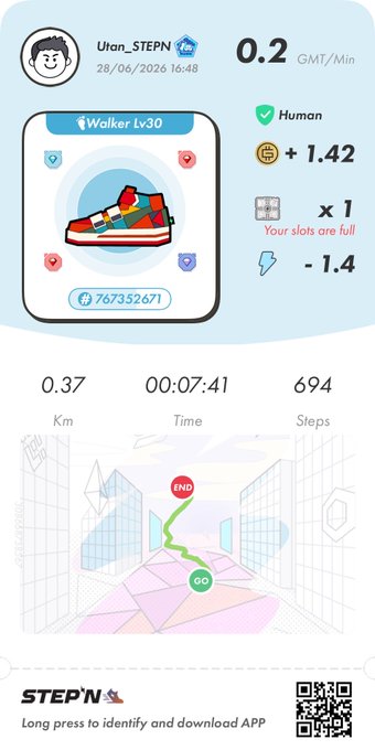 The image is a STEPN fitness app screenshot showing user "Utan_STEPN" earning 0.2 GMT/Min with a Walker Lv30 sneaker, recording a walk of 0.37 Km over 00:07:41 with 694 steps. It relates to the post by illustrating the user's daily STEPN activity, noting that rewards now appear limited to GMT tokens (+1.42) rather than convertible SWEAT.